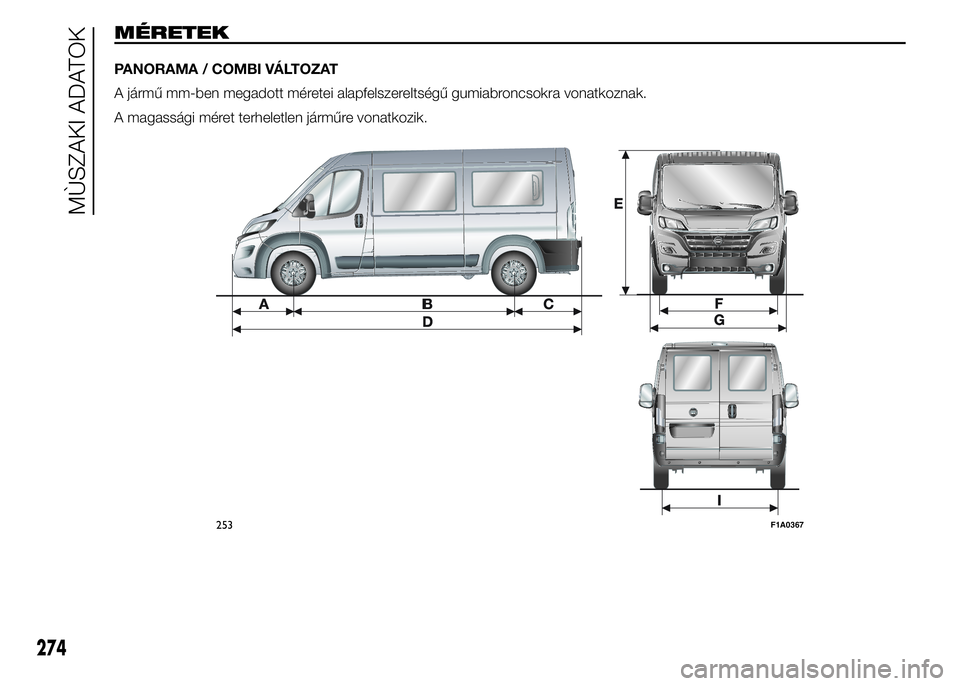 FIAT DUCATO BASE CAMPER 2015  Kezelési és karbantartási útmutató (in Hungarian) MÉRETEK
PANORAMA / COMBI VÁLTOZAT
A jármű mm-ben megadott méretei alapfelszereltségű gumiabroncsokra vonatkoznak.
A magassági méret terheletlen járműre vonatkozik.
253F1A0367
274
MÙSZAKI A