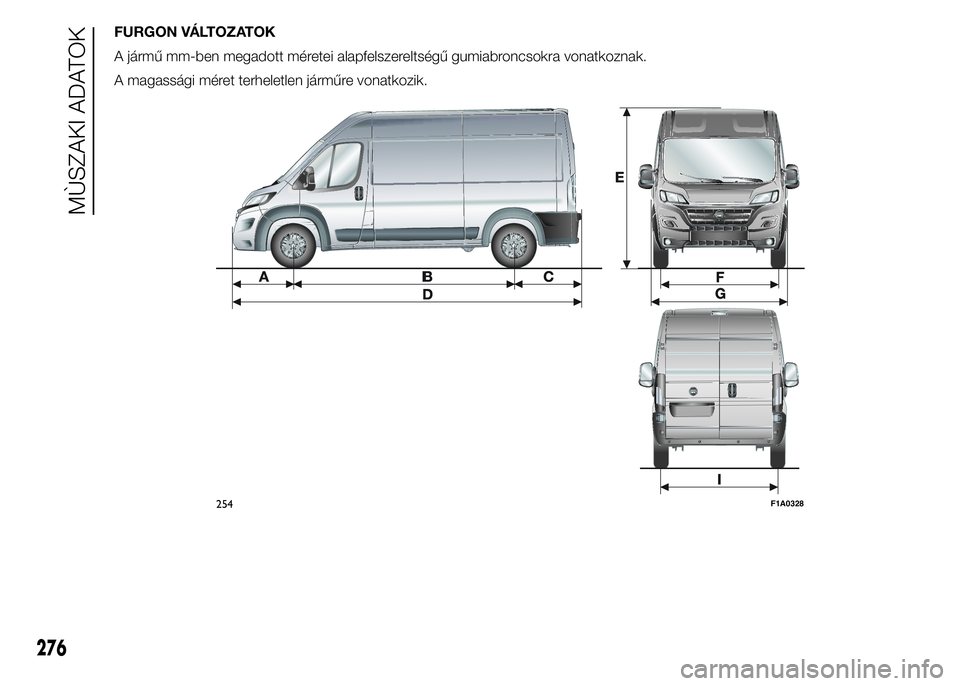 FIAT DUCATO BASE CAMPER 2015  Kezelési és karbantartási útmutató (in Hungarian) FURGON VÁLTOZATOK
A jármű mm-ben megadott méretei alapfelszereltségű gumiabroncsokra vonatkoznak.
A magassági méret terheletlen járműre vonatkozik.
254F1A0328
276
MÙSZAKI ADATOK 