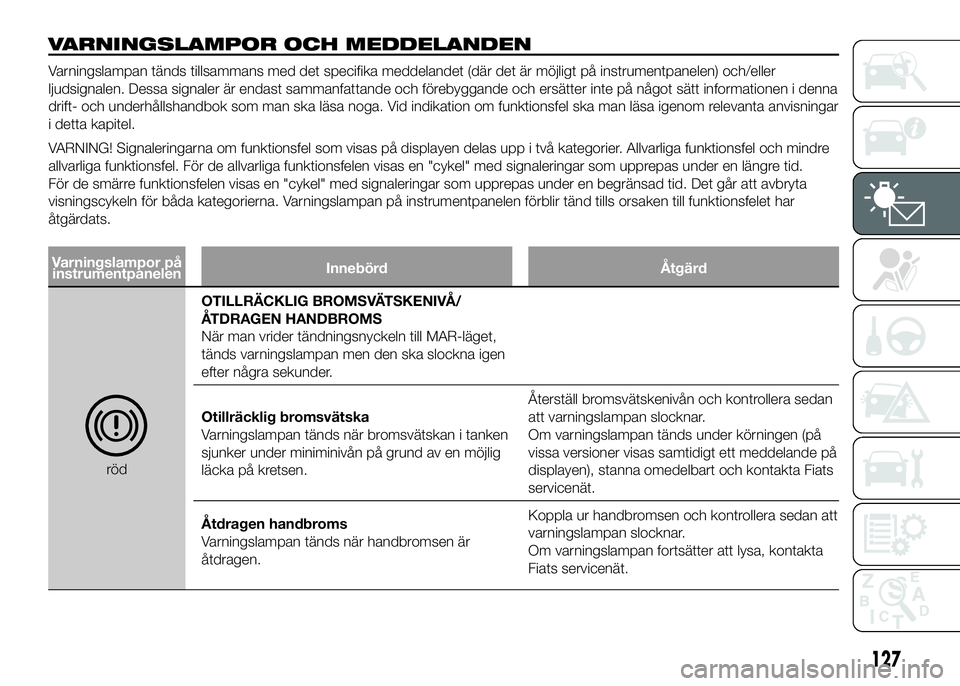 FIAT DUCATO BASE CAMPER 2016 Drift- och underhållshandbok (in Swedish) VARNINGSLAMPOR OCH MEDDELANDEN
Varningslampan tänds tillsammans med det specifika meddelandet (där det är möjligt på instrumentpanelen) och/eller
ljudsignalen. Dessa signaler är endast sammanfat FIAT DUCATO BASE CAMPER 2016 Drift- och underhållshandbok (in Swedish) VARNINGSLAMPOR OCH MEDDELANDEN
Varningslampan tänds tillsammans med det specifika meddelandet (där det är möjligt på instrumentpanelen) och/eller
ljudsignalen. Dessa signaler är endast sammanfat