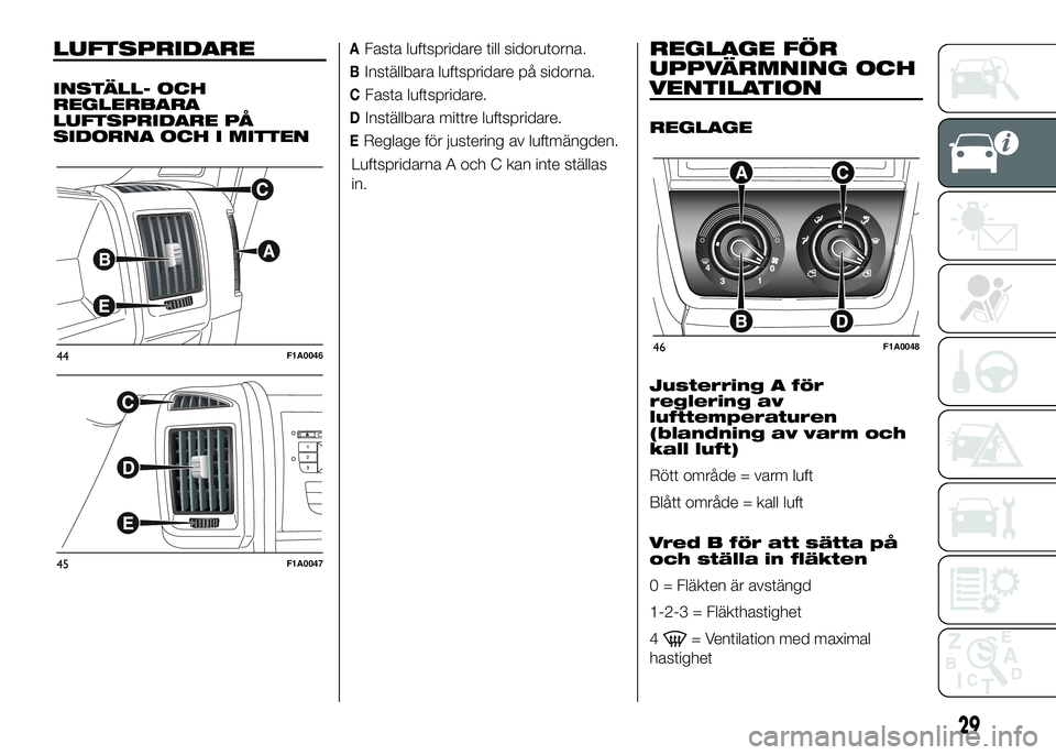 FIAT DUCATO BASE CAMPER 2016  Drift- och underhållshandbok (in Swedish) LUFTSPRIDARE
INSTÄLL- OCH
REGLERBARA
LUFTSPRIDARE PÅ
SIDORNA OCH I MITTEN
AFasta luftspridare till sidorutorna.
BInställbara luftspridare på sidorna.
CFasta luftspridare.
DInställbara mittre luft