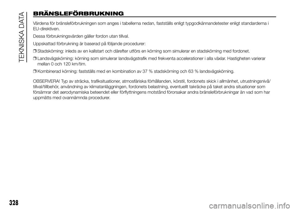 FIAT DUCATO BASE CAMPER 2016 Drift- och underhållshandbok (in Swedish) BRÄNSLEFÖRBRUKNING
Värdena för bränsleförbrukningen som anges i tabellerna nedan, fastställs enligt typgodkännandetester enligt standarderna i
EU-direktiven.
Dessa förbrukningsvärden gäller FIAT DUCATO BASE CAMPER 2016 Drift- och underhållshandbok (in Swedish) BRÄNSLEFÖRBRUKNING
Värdena för bränsleförbrukningen som anges i tabellerna nedan, fastställs enligt typgodkännandetester enligt standarderna i
EU-direktiven.
Dessa förbrukningsvärden gäller