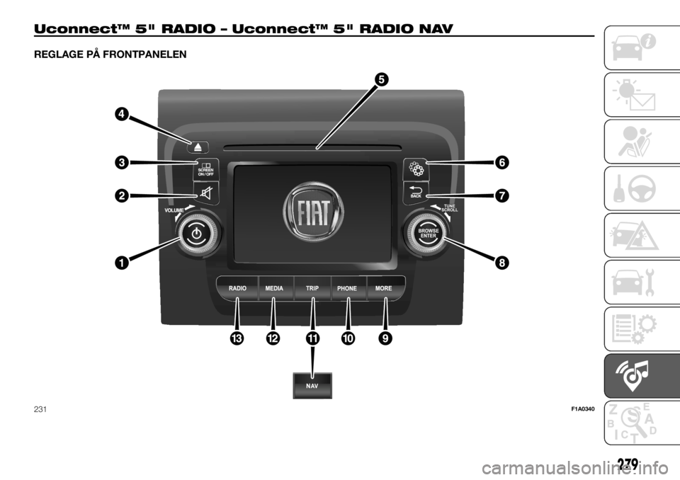 FIAT DUCATO BASE CAMPER 2018  Drift- och underhållshandbok (in Swedish) Uconnect™ 5" RADIO – Uconnect™ 5" RADIO NAV
REGLAGE PÅ FRONTPANELEN
231F1A0340
279 