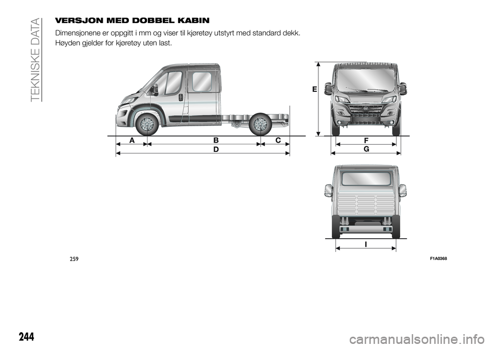 FIAT DUCATO BASE CAMPER 2016  Drift- og vedlikeholdshåndbok (in Norwegian) VERSJON MED DOBBEL KABIN
Dimensjonene er oppgitt i mm og viser til kjøretøy utstyrt med standard dekk.
Høyden gjelder for kjøretøy uten last.
259F1A0368
244
TEKNISKE DATA 