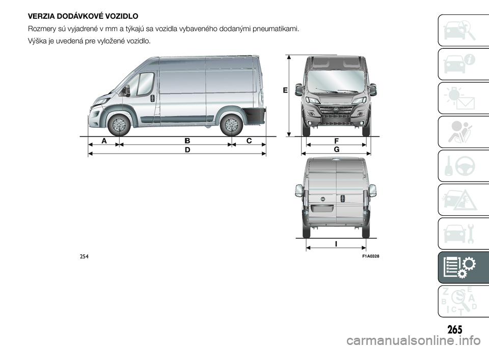 FIAT DUCATO BASE CAMPER 2015  Návod na použitie a údržbu (in Slovak) VERZIA DODÁVKOVÉ VOZIDLO
Rozmery sú vyjadrené v mm a týkajú sa vozidla vybaveného dodanými pneumatikami.
Výška je uvedená pre vyložené vozidlo.
254F1A0328
265 
