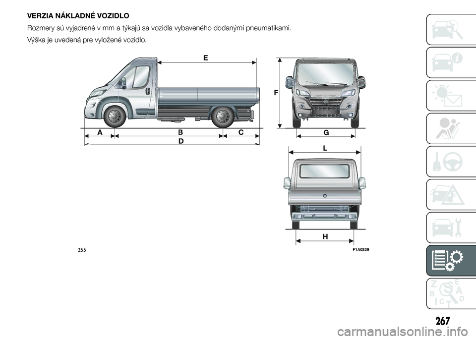 FIAT DUCATO BASE CAMPER 2015  Návod na použitie a údržbu (in Slovak) VERZIA NÁKLADNÉ VOZIDLO
Rozmery sú vyjadrené v mm a týkajú sa vozidla vybaveného dodanými pneumatikami.
Výška je uvedená pre vyložené vozidlo.
255F1A0329
267 