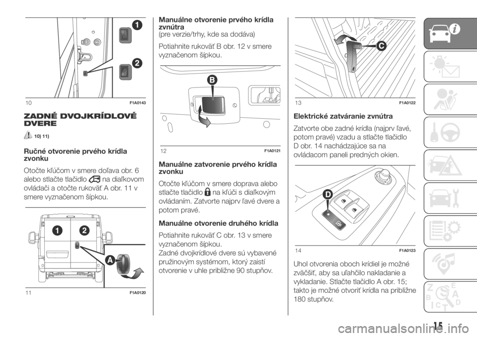 FIAT DUCATO BASE CAMPER 2018  Návod na použitie a údržbu (in Slovak) ZADNÉ DVOJKRÍDLOVÉ
DVERE
10) 11)
Ručné otvorenie prvého krídla
zvonku
Otočte kľúčom v smere doľava obr. 6
alebo stlačte tlačidlo
na diaľkovom
ovládači a otočte rukoväť A obr. 11 v

