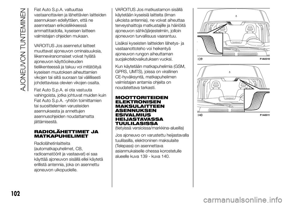 FIAT DUCATO BASE CAMPER 2015  Käyttö- ja huolto-ohjekirja (in in Finnish) Fiat Auto S.p.A. valtuuttaa
vastaanottavien ja lähettävien laitteiden
asennuksen edellyttäen, että ne
asennetaan erikoisliikkeessä
ammattitaidolla, kyseisen laitteen
valmistajan ohjeiden mukaan.
