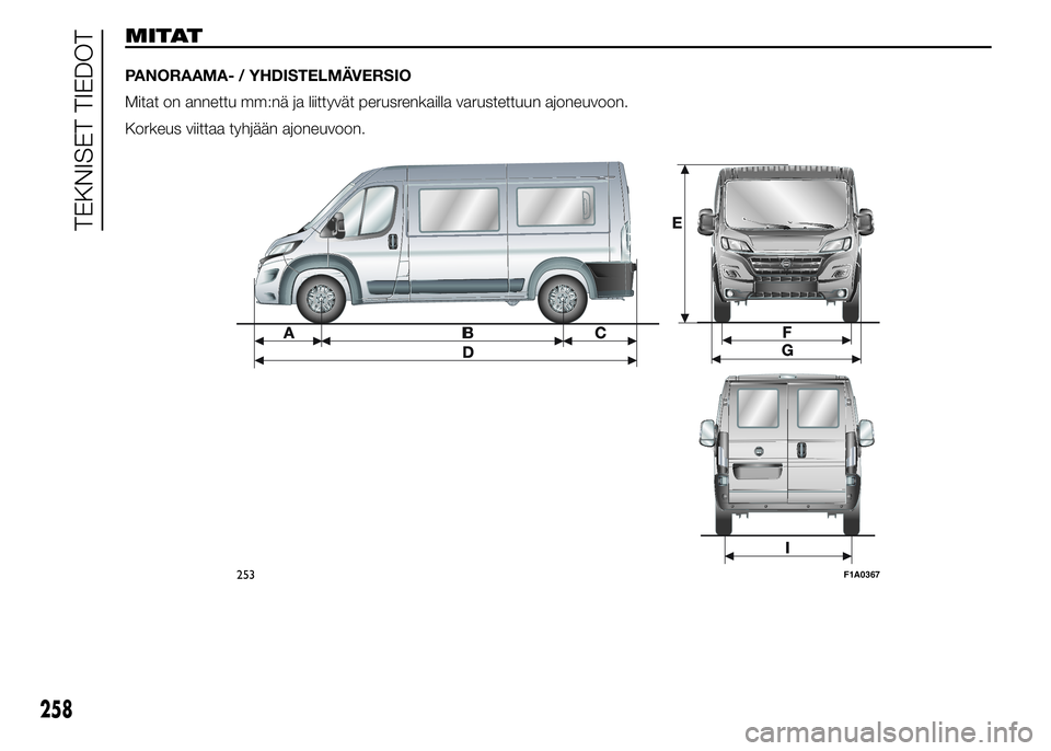FIAT DUCATO BASE CAMPER 2016  Käyttö- ja huolto-ohjekirja (in in Finnish) MITAT
PANORAAMA- / YHDISTELMÄVERSIO
Mitat on annettu mm:nä ja liittyvät perusrenkailla varustettuun ajoneuvoon.
Korkeus viittaa tyhjään ajoneuvoon.
253F1A0367
258
TEKNISET TIEDOT 