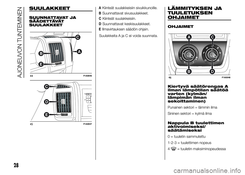 FIAT DUCATO BASE CAMPER 2016 Käyttö- ja huolto-ohjekirja (in in Finnish) SUULAKKEET
SUUNNATTAVAT J A
SÄÄDETTÄVÄT
SUULAKKEET
AKiinteät suulakkeisiin sivuikkunoille.
BSuunnattavat sivusuulakkeet.
CKiinteät suulakkeisiin.
DSuunnattavat keskisuulakkeet.
EIlmavirtauksen s FIAT DUCATO BASE CAMPER 2016 Käyttö- ja huolto-ohjekirja (in in Finnish) SUULAKKEET
SUUNNATTAVAT J A
SÄÄDETTÄVÄT
SUULAKKEET
AKiinteät suulakkeisiin sivuikkunoille.
BSuunnattavat sivusuulakkeet.
CKiinteät suulakkeisiin.
DSuunnattavat keskisuulakkeet.
EIlmavirtauksen s