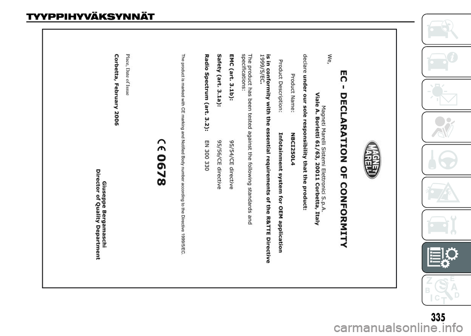 FIAT DUCATO BASE CAMPER 2015 Käyttö- ja huolto-ohjekirja (in in Finnish) 335
TYYPPIHYVÄKSYNNÄT FIAT DUCATO BASE CAMPER 2015 Käyttö- ja huolto-ohjekirja (in in Finnish) 335
TYYPPIHYVÄKSYNNÄT