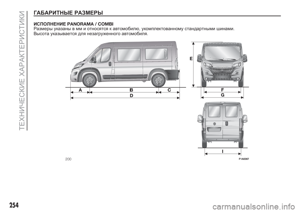 FIAT DUCATO BASE CAMPER 2017  Руководство по эксплуатации и техобслуживанию (in Russian) ГАБАРИТНЫЕ РАЗМЕРЫ
ИСПОЛНЕНИЕPANORAMA / COMBI
Размеры указаны в мм и относятся к автомобилю,укомплектованному стан