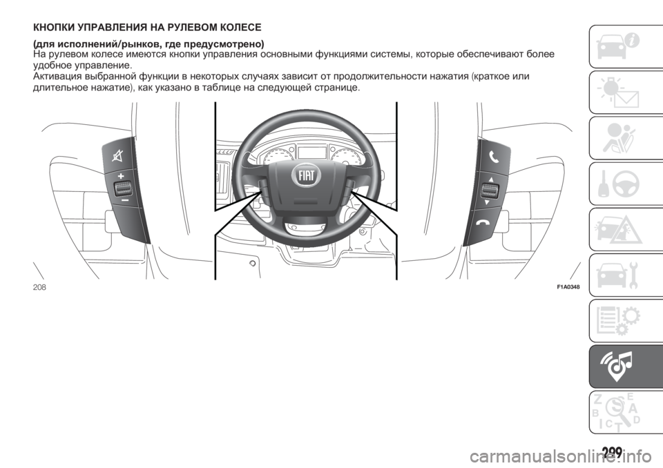 FIAT DUCATO BASE CAMPER 2017 Руководство по эксплуатации и техобслуживанию (in Russian) КНОПКИ УПРАВЛЕНИЯ НА РУЛЕВОМ КОЛЕСЕ
(для исполнений/рынков,где предусмотрено)
На рулевом колесе имеются кноп FIAT DUCATO BASE CAMPER 2017 Руководство по эксплуатации и техобслуживанию (in Russian) КНОПКИ УПРАВЛЕНИЯ НА РУЛЕВОМ КОЛЕСЕ
(для исполнений/рынков,где предусмотрено)
На рулевом колесе имеются кноп