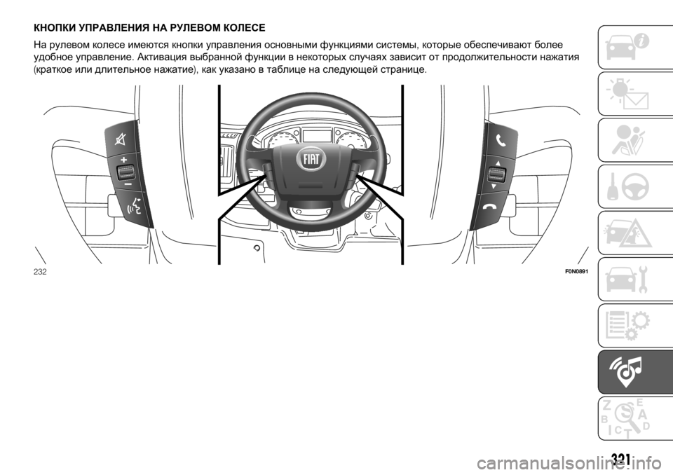 FIAT DUCATO BASE CAMPER 2018 Руководство по эксплуатации и техобслуживанию (in Russian) КНОПКИ УПРАВЛЕНИЯ НА РУЛЕВОМ КОЛЕСЕ
На рулевом колесе имеются кнопки управления основными функциями систем FIAT DUCATO BASE CAMPER 2018 Руководство по эксплуатации и техобслуживанию (in Russian) КНОПКИ УПРАВЛЕНИЯ НА РУЛЕВОМ КОЛЕСЕ
На рулевом колесе имеются кнопки управления основными функциями систем