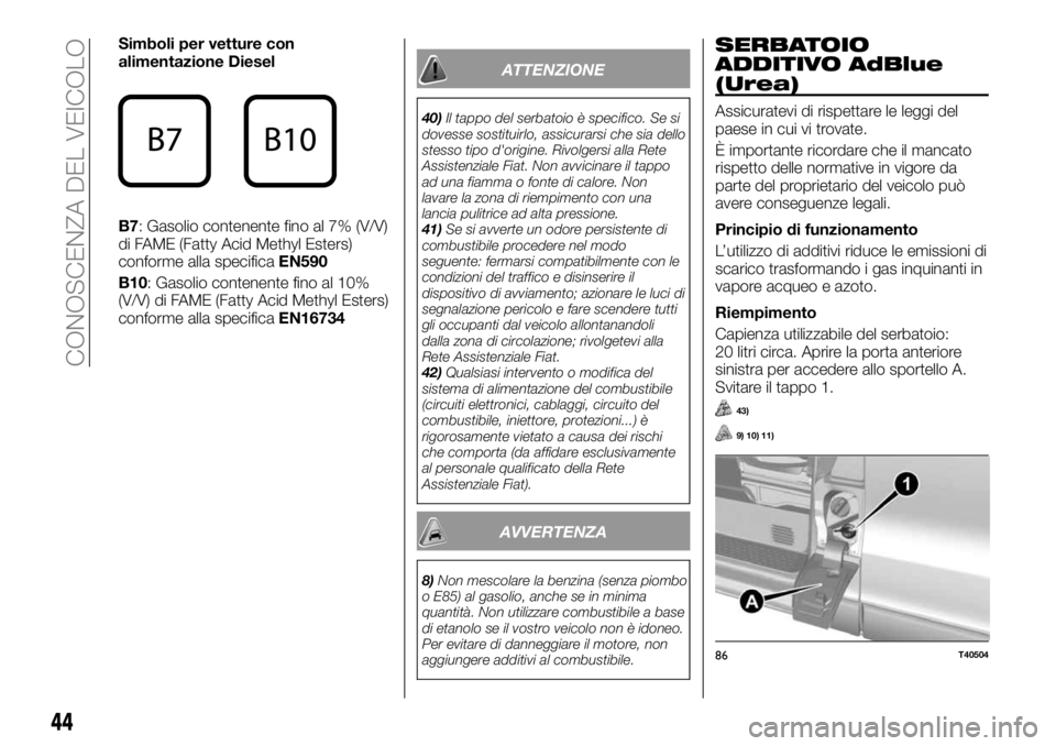 FIAT TALENTO 2017  Libretto Uso Manutenzione (in Italian) Simboli per vetture con
alimentazione Diesel
B7: Gasolio contenente fino al 7% (V/V)
di FAME (Fatty Acid Methyl Esters)
conforme alla specificaEN590
B10: Gasolio contenente fino al 10%
(V/V) di FAME (