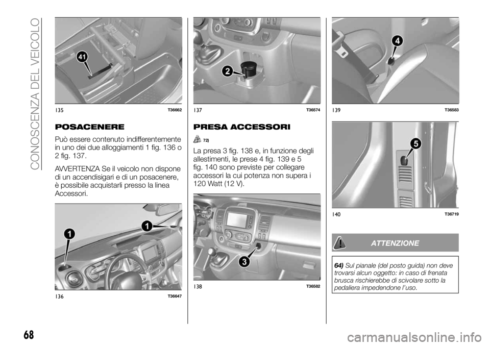 FIAT TALENTO 2017 Libretto Uso Manutenzione (in Italian) POSACENERE
Può essere contenuto indifferentemente
in uno dei due alloggiamenti 1 fig. 136 o
2 fig. 137.
AVVERTENZA Se il veicolo non dispone
di un accendisigari e di un posacenere,
è possibile acqui FIAT TALENTO 2017 Libretto Uso Manutenzione (in Italian) POSACENERE
Può essere contenuto indifferentemente
in uno dei due alloggiamenti 1 fig. 136 o
2 fig. 137.
AVVERTENZA Se il veicolo non dispone
di un accendisigari e di un posacenere,
è possibile acqui
