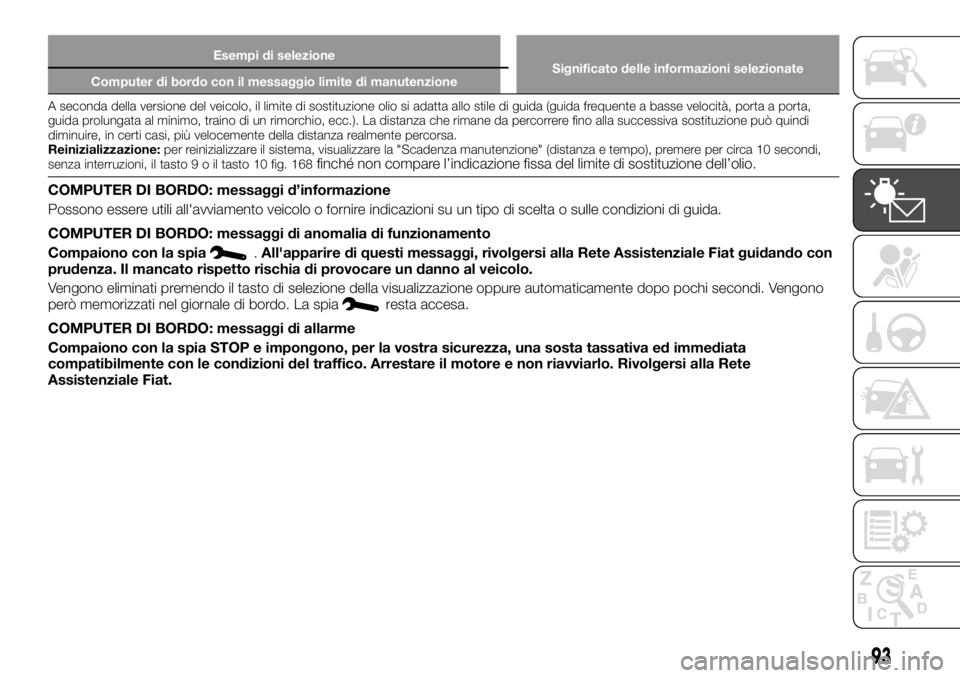 FIAT TALENTO 2017  Libretto Uso Manutenzione (in Italian) Esempi di selezione
Significato delle informazioni selezionate
Computer di bordo con il messaggio limite di manutenzione
A seconda della versione del veicolo, il limite di sostituzione olio si adatta 