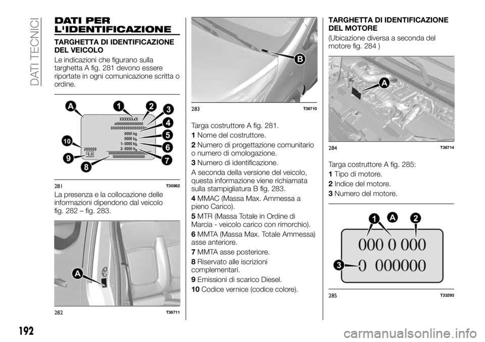 FIAT TALENTO 2018 Libretto Uso Manutenzione (in Italian) DATI PER
L'IDENTIFICAZIONE
TARGHETTA DI IDENTIFICAZIONE
DEL VEICOLO
Le indicazioni che figurano sulla
targhetta A fig. 281 devono essere
riportate in ogni comunicazione scritta o
ordine.
La presen FIAT TALENTO 2018 Libretto Uso Manutenzione (in Italian) DATI PER
L'IDENTIFICAZIONE
TARGHETTA DI IDENTIFICAZIONE
DEL VEICOLO
Le indicazioni che figurano sulla
targhetta A fig. 281 devono essere
riportate in ogni comunicazione scritta o
ordine.
La presen