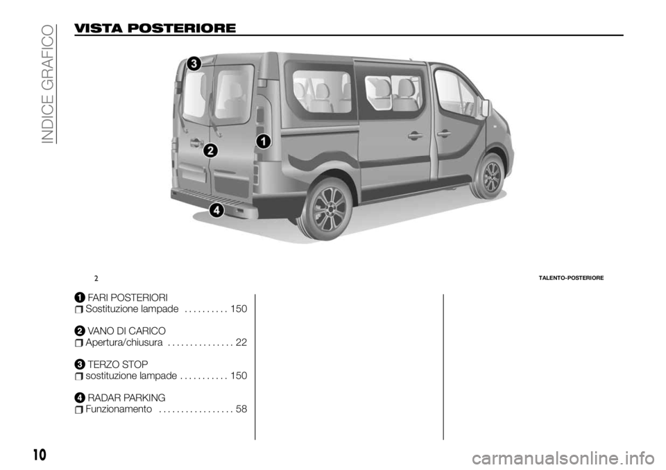 FIAT TALENTO 2021 Libretto Uso Manutenzione (in Italian) VISTA POSTERIORE
FARI POSTERIORISostituzione lampade.......... 150
VANO DI CARICOApertura/chiusura............... 22
TERZO STOPsostituzione lampade........... 150
RADAR PARKINGFunzionamento........... FIAT TALENTO 2021 Libretto Uso Manutenzione (in Italian) VISTA POSTERIORE
FARI POSTERIORISostituzione lampade.......... 150
VANO DI CARICOApertura/chiusura............... 22
TERZO STOPsostituzione lampade........... 150
RADAR PARKINGFunzionamento...........