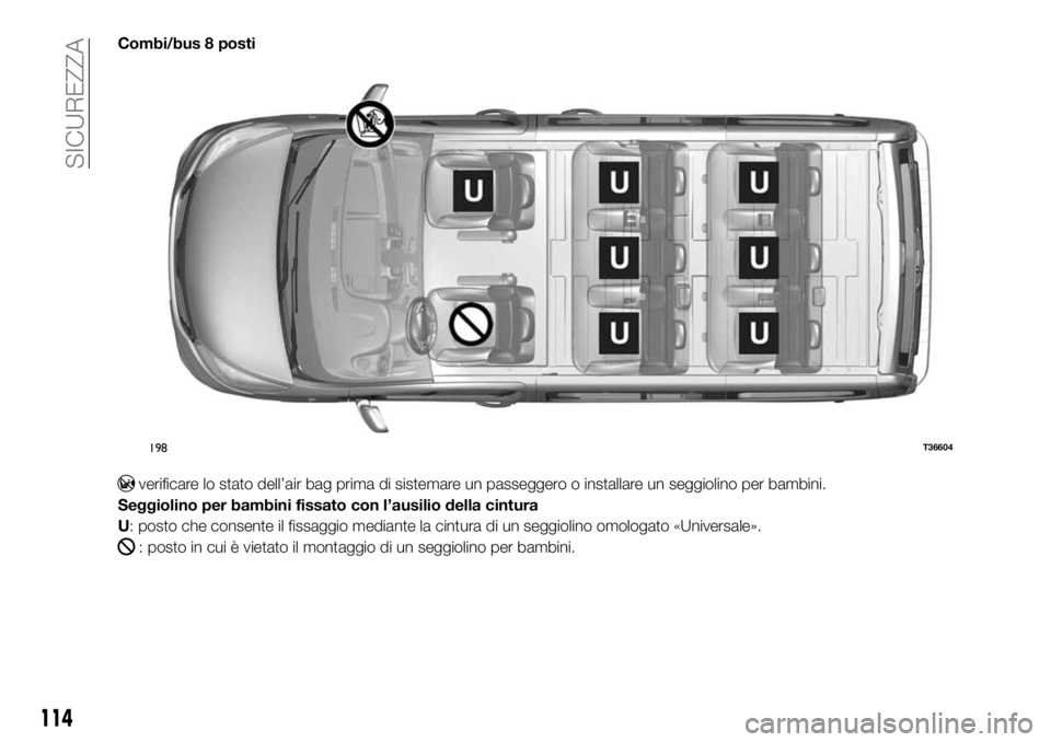 FIAT TALENTO 2020 Libretto Uso Manutenzione (in Italian) Combi/bus 8 posti
verificare lo stato dell’air bag prima di sistemare un passeggero o installare un seggiolino per bambini.
Seggiolino per bambini fissato con l’ausilio della cintura
U: posto che FIAT TALENTO 2020 Libretto Uso Manutenzione (in Italian) Combi/bus 8 posti
verificare lo stato dell’air bag prima di sistemare un passeggero o installare un seggiolino per bambini.
Seggiolino per bambini fissato con l’ausilio della cintura
U: posto che
