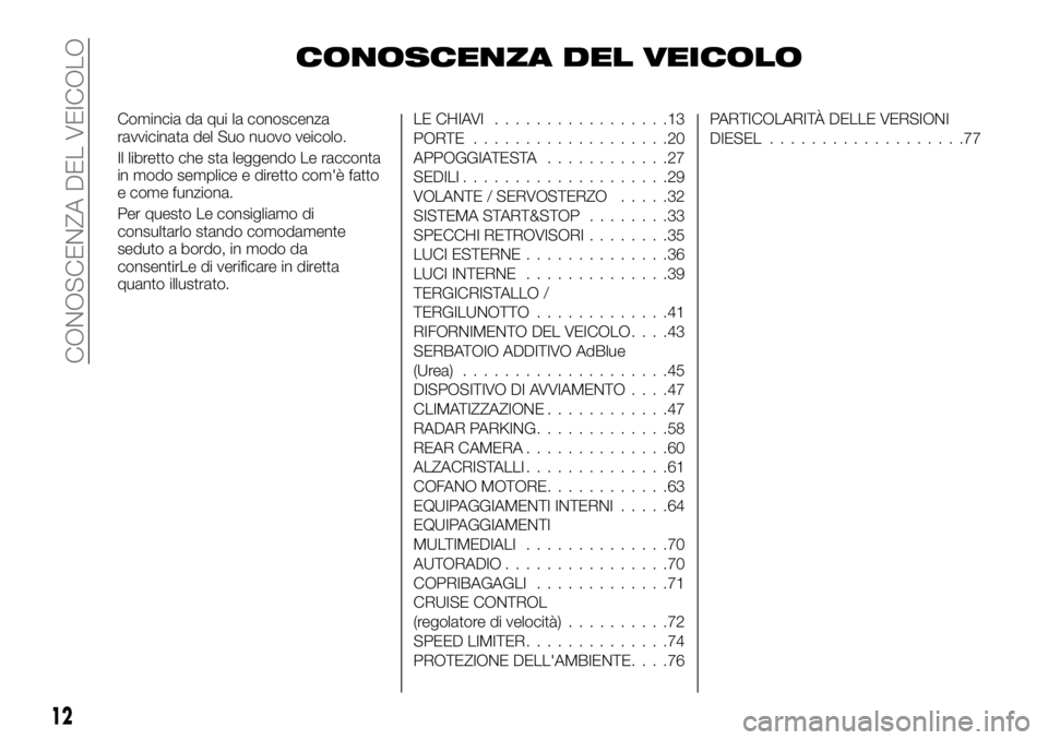 FIAT TALENTO 2021 Libretto Uso Manutenzione (in Italian) CONOSCENZA DEL VEICOLO
Comincia da qui la conoscenza
ravvicinata del Suo nuovo veicolo.
Il libretto che sta leggendo Le racconta
in modo semplice e diretto com'è fatto
e come funziona.
Per questo FIAT TALENTO 2021 Libretto Uso Manutenzione (in Italian) CONOSCENZA DEL VEICOLO
Comincia da qui la conoscenza
ravvicinata del Suo nuovo veicolo.
Il libretto che sta leggendo Le racconta
in modo semplice e diretto com'è fatto
e come funziona.
Per questo