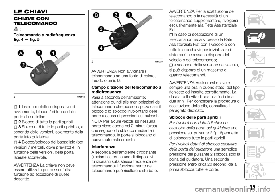 FIAT TALENTO 2021 Libretto Uso Manutenzione (in Italian) LE CHIAVI
CHIAVE CON
TELECOMANDO
1)
Telecomando a radiofrequenza
fig. 4 — fig. 5
1Inserto metallico dispositivo di
avviamento, blocco / sblocco delle
porte da nottolino.
2Blocco di tutte le parti ap FIAT TALENTO 2021 Libretto Uso Manutenzione (in Italian) LE CHIAVI
CHIAVE CON
TELECOMANDO
1)
Telecomando a radiofrequenza
fig. 4 — fig. 5
1Inserto metallico dispositivo di
avviamento, blocco / sblocco delle
porte da nottolino.
2Blocco di tutte le parti ap