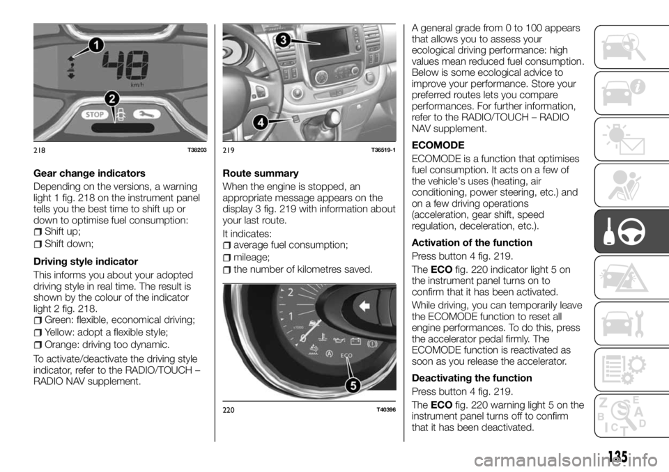 FIAT TALENTO 2017 Owner handbook (in English) Gear change indicators
Depending on the versions, a warning
light 1 fig. 218 on the instrument panel
tells you the best time to shift up or
down to optimise fuel consumption:
Shift up;
Shift down;
Dri FIAT TALENTO 2017 Owner handbook (in English) Gear change indicators
Depending on the versions, a warning
light 1 fig. 218 on the instrument panel
tells you the best time to shift up or
down to optimise fuel consumption:
Shift up;
Shift down;
Dri