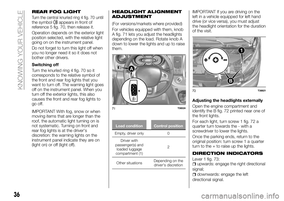 FIAT TALENTO 2017 Owner handbook (in English) REAR FOG LIGHT
Turn the central knurled ring 4 fig. 70until
the symbolappears in front of
reference 5 fig. 70, then release it.
Operation depends on the exterior light
position selected, with the rela FIAT TALENTO 2017 Owner handbook (in English) REAR FOG LIGHT
Turn the central knurled ring 4 fig. 70until
the symbolappears in front of
reference 5 fig. 70, then release it.
Operation depends on the exterior light
position selected, with the rela