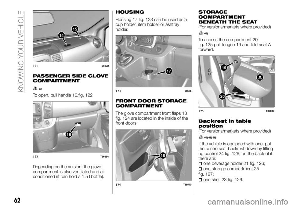 FIAT TALENTO 2017 Owner handbook (in English) PASSENGER SIDE GLOVE
COMPARTMENT
67)
To open, pull handle 16.fig. 122
Depending on the version, the glove
compartment is also ventilated and air
conditioned (it can hold a 1.5 l bottle).
HOUSING
Housi FIAT TALENTO 2017 Owner handbook (in English) PASSENGER SIDE GLOVE
COMPARTMENT
67)
To open, pull handle 16.fig. 122
Depending on the version, the glove
compartment is also ventilated and air
conditioned (it can hold a 1.5 l bottle).
HOUSING
Housi