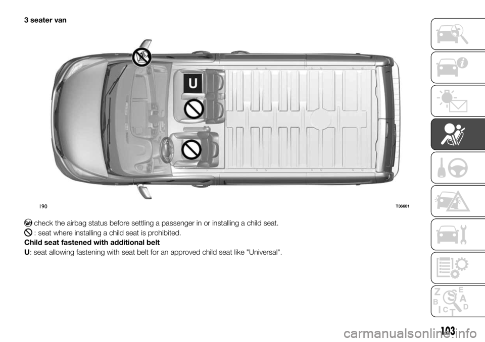 FIAT TALENTO 2018 Owner handbook (in English) 3 seater van
check the airbag status before settling a passenger in or installing a child seat.
: seat where installing a child seat is prohibited.
Child seat fastened with additional belt
U: seat all FIAT TALENTO 2018 Owner handbook (in English) 3 seater van
check the airbag status before settling a passenger in or installing a child seat.
: seat where installing a child seat is prohibited.
Child seat fastened with additional belt
U: seat all