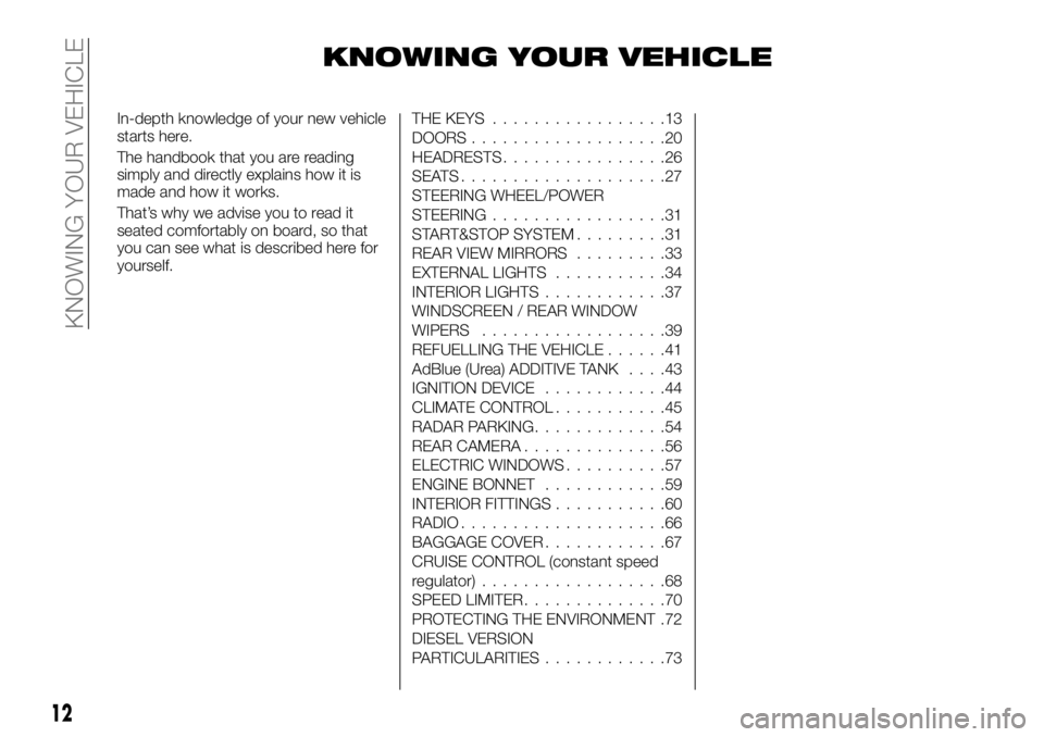 FIAT TALENTO 2018 Owner handbook (in English) KNOWING YOUR VEHICLE
In-depth knowledge of your new vehicle
starts here.
The handbook that you are reading
simply and directly explains how it is
made and how it works.
That’s why we advise you to r FIAT TALENTO 2018 Owner handbook (in English) KNOWING YOUR VEHICLE
In-depth knowledge of your new vehicle
starts here.
The handbook that you are reading
simply and directly explains how it is
made and how it works.
That’s why we advise you to r