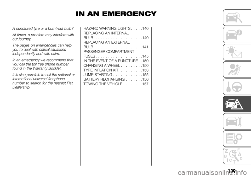 FIAT TALENTO 2018 Owner handbook (in English) IN AN EMERGENCY
A punctured tyre or a burnt-out bulb?
At times, a problem may interfere with
our journey.
The pages on emergencies can help
you to deal with critical situations
independently and with FIAT TALENTO 2018 Owner handbook (in English) IN AN EMERGENCY
A punctured tyre or a burnt-out bulb?
At times, a problem may interfere with
our journey.
The pages on emergencies can help
you to deal with critical situations
independently and with