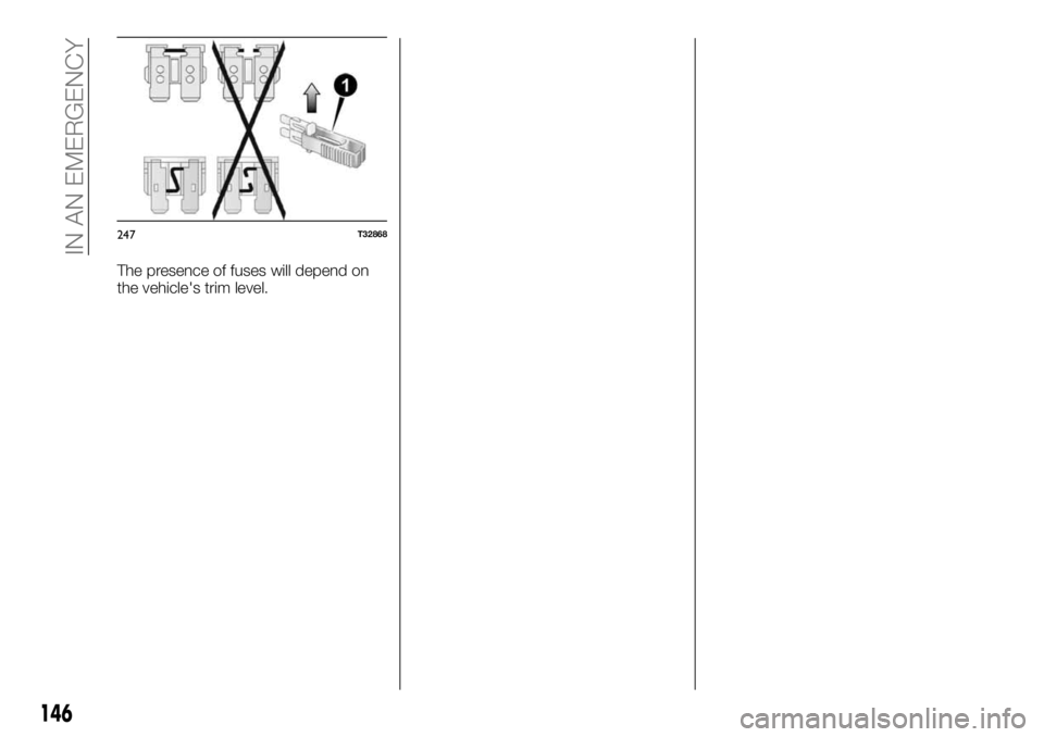 FIAT TALENTO 2018 Owner handbook (in English) The presence of fuses will depend on
the vehicle's trim level.
247T32868
146
IN AN EMERGENCY FIAT TALENTO 2018 Owner handbook (in English) The presence of fuses will depend on
the vehicle's trim level.
247T32868
146
IN AN EMERGENCY