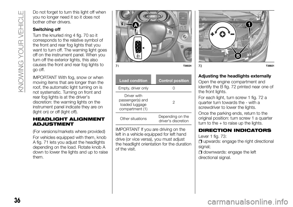FIAT TALENTO 2018 Owner handbook (in English) Do not forget to turn this light off when
you no longer need it so it does not
bother other drivers.
Switching off
Turn the knurled ring 4 fig. 70 so it
corresponds to the relative symbol of
the front FIAT TALENTO 2018 Owner handbook (in English) Do not forget to turn this light off when
you no longer need it so it does not
bother other drivers.
Switching off
Turn the knurled ring 4 fig. 70 so it
corresponds to the relative symbol of
the front
