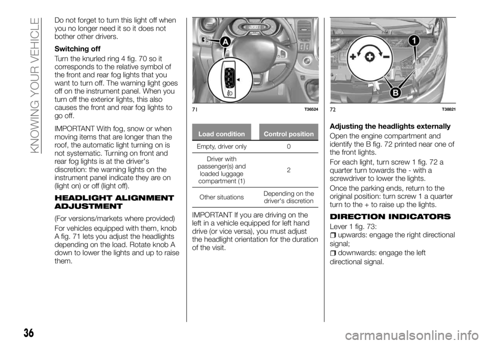 FIAT TALENTO 2018  Owner handbook (in English) Do not forget to turn this light off when
you no longer need it so it does not
bother other drivers.
Switching off
Turn the knurled ring 4 fig. 70 so it
corresponds to the relative symbol of
the front