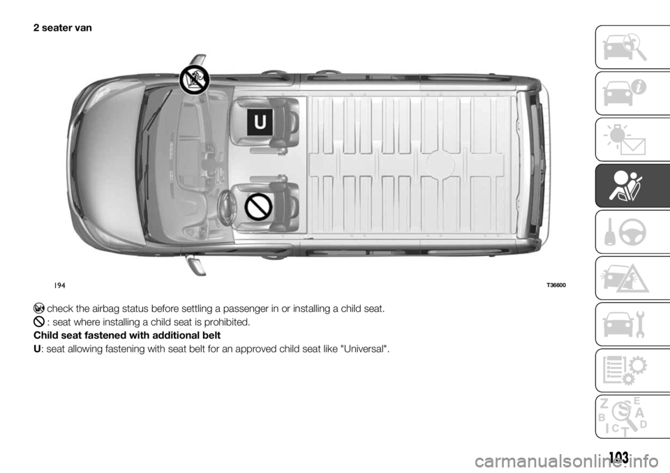 FIAT TALENTO 2021 Owner handbook (in English) 2 seater van
check the airbag status before settling a passenger in or installing a child seat.
: seat where installing a child seat is prohibited.
Child seat fastened with additional belt
U: seat all FIAT TALENTO 2021 Owner handbook (in English) 2 seater van
check the airbag status before settling a passenger in or installing a child seat.
: seat where installing a child seat is prohibited.
Child seat fastened with additional belt
U: seat all