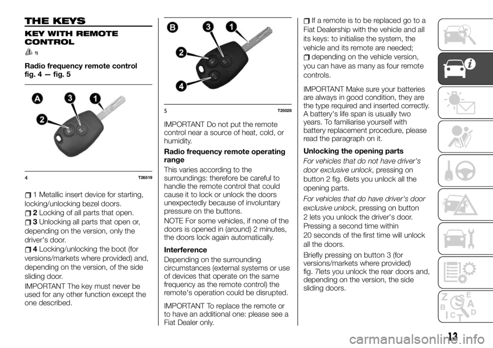 FIAT TALENTO 2021 Owner handbook (in English) THE KEYS
KEY WITH REMOTE
CONTROL
1)
Radio frequency remote control
fig. 4 — fig. 5
1 Metallic insert device for starting,
locking/unlocking bezel doors.
2Locking of all parts that open.
3Unlocking a FIAT TALENTO 2021 Owner handbook (in English) THE KEYS
KEY WITH REMOTE
CONTROL
1)
Radio frequency remote control
fig. 4 — fig. 5
1 Metallic insert device for starting,
locking/unlocking bezel doors.
2Locking of all parts that open.
3Unlocking a