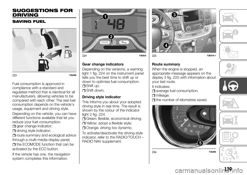 FIAT TALENTO 2021 Owner handbook (in English) SUGGESTIONS FOR
DRIVING
SAVING FUEL
Fuel consumption is approved in
compliance with a standard and
regulated method that is identical for all
manufacturers, allowing vehicles to be
compared with each FIAT TALENTO 2021 Owner handbook (in English) SUGGESTIONS FOR
DRIVING
SAVING FUEL
Fuel consumption is approved in
compliance with a standard and
regulated method that is identical for all
manufacturers, allowing vehicles to be
compared with each