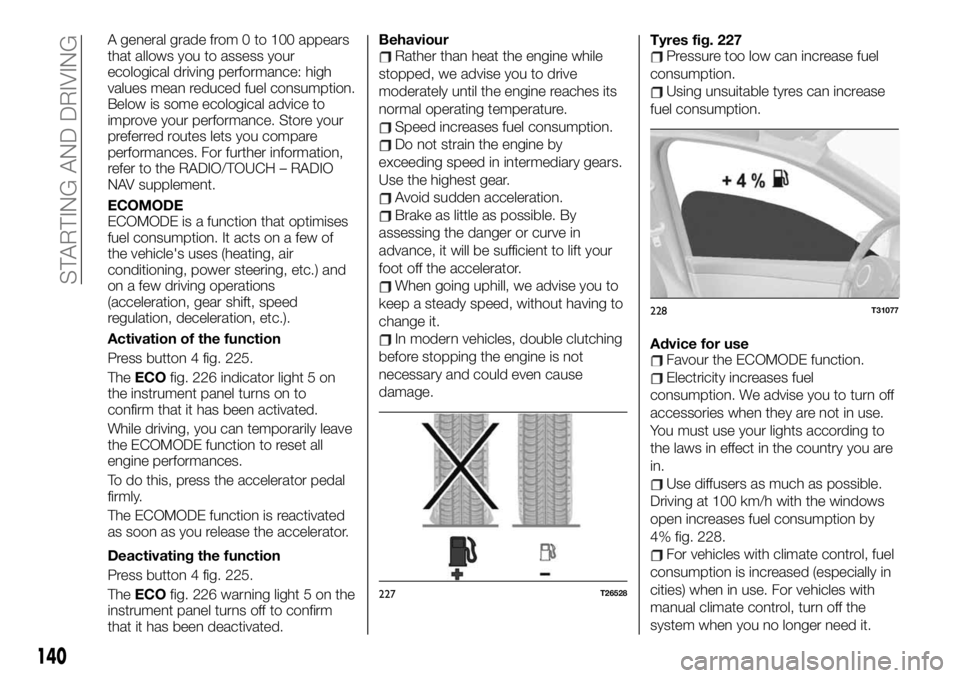 FIAT TALENTO 2019  Owner handbook (in English) A general grade from 0 to 100 appears
that allows you to assess your
ecological driving performance: high
values mean reduced fuel consumption.
Below is some ecological advice to
improve your performa