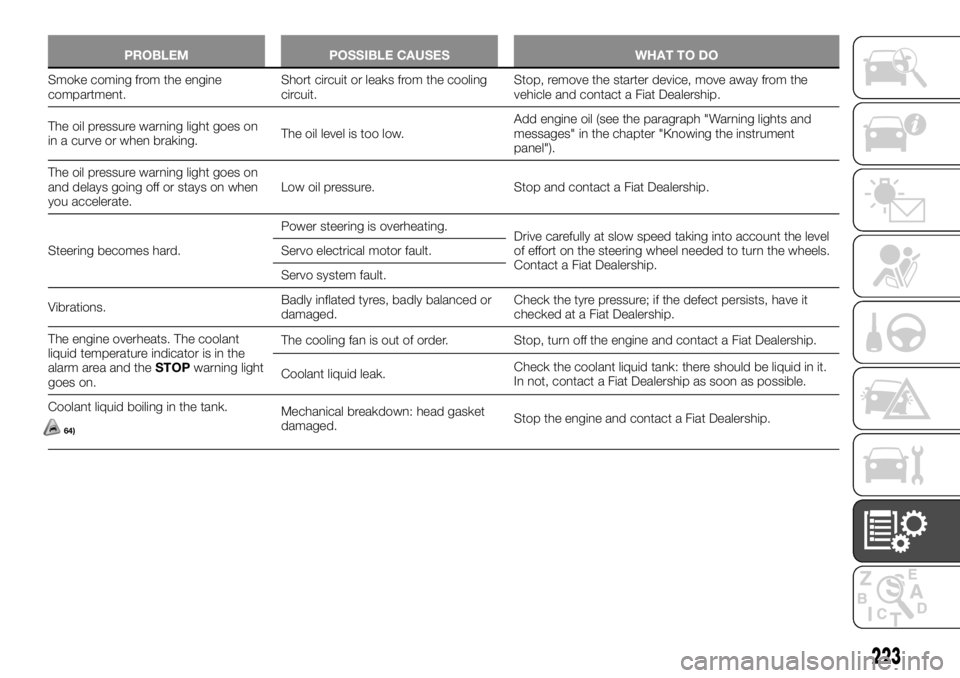 FIAT TALENTO 2019  Owner handbook (in English) PROBLEM POSSIBLE CAUSES WHAT TO DO
Smoke coming from the engine
compartment.Short circuit or leaks from the cooling
circuit.Stop, remove the starter device, move away from the
vehicle and contact a Fi