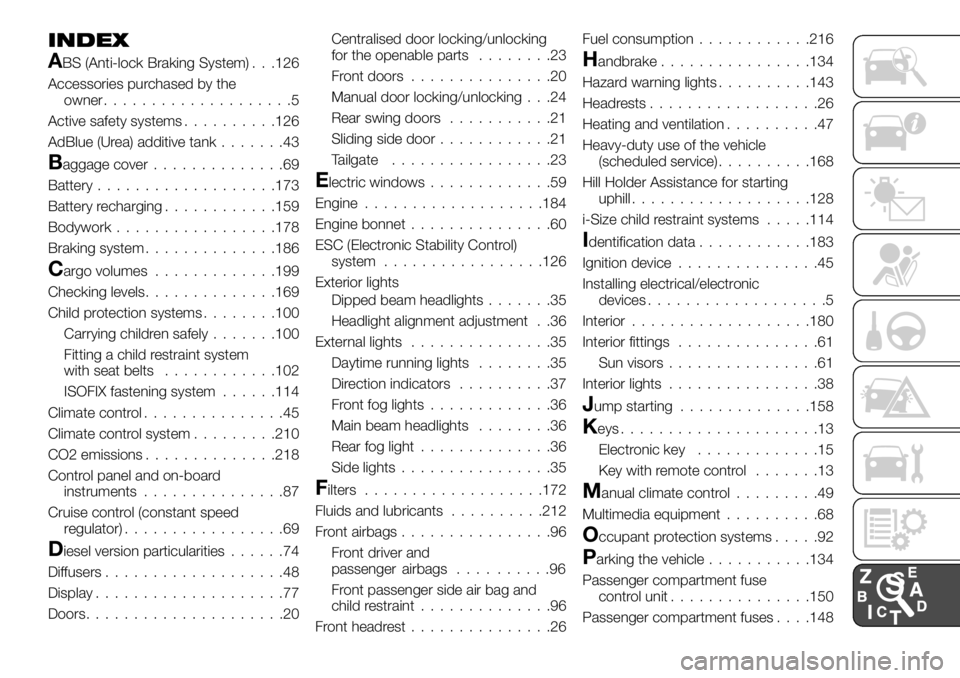 FIAT TALENTO 2020  Owner handbook (in English) INDEX
ABS (Anti-lock Braking System) . . .126
Accessories purchased by the
owner....................5
Active safety systems..........126
AdBlue (Urea) additive tank.......43
Baggage cover.............