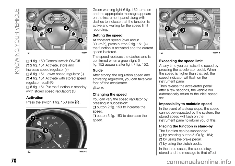 FIAT TALENTO 2021 Owner handbook (in English) 1fig. 150 General switch ON/Off.
2fig. 151 Activate, store and
increase speed regulator (+).
3fig. 151 Lower speed regulator (-).
4fig. 151 Activate with stored speed
regulator recall (R).
5fig. 151 P FIAT TALENTO 2021 Owner handbook (in English) 1fig. 150 General switch ON/Off.
2fig. 151 Activate, store and
increase speed regulator (+).
3fig. 151 Lower speed regulator (-).
4fig. 151 Activate with stored speed
regulator recall (R).
5fig. 151 P