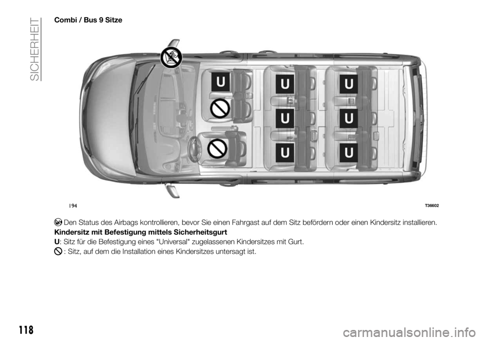 FIAT TALENTO 2017  Betriebsanleitung (in German) Combi / Bus 9 Sitze
Den Status des Airbags kontrollieren, bevor Sie einen Fahrgast auf dem Sitz befördern oder einen Kindersitz installieren.
Kindersitz mit Befestigung mittels Sicherheitsgurt
U: Sit