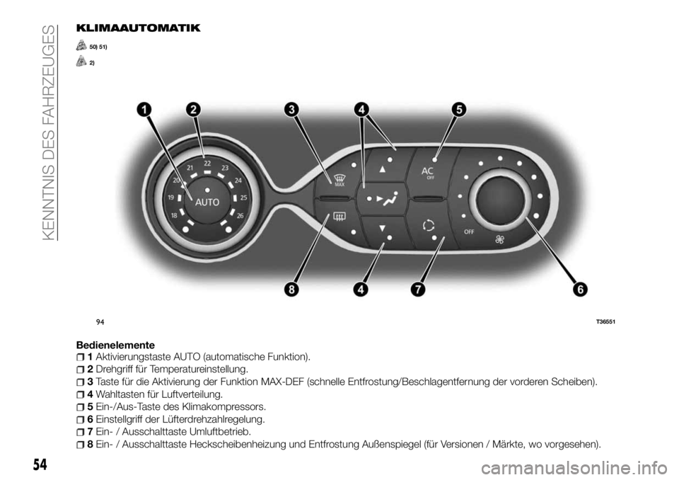 FIAT TALENTO 2017  Betriebsanleitung (in German) KLIMAAUTOMATIK
50) 51)
2)
Bedienelemente1Aktivierungstaste AUTO (automatische Funktion).
2Drehgriff für Temperatureinstellung.
3Taste für die Aktivierung der Funktion MAX-DEF (schnelle Entfrostung/B