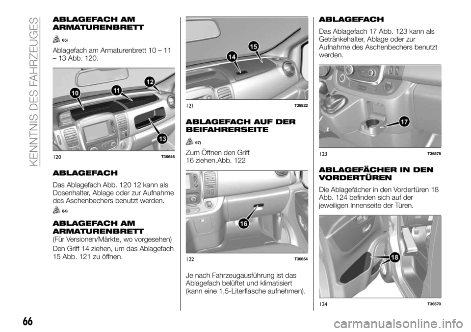 FIAT TALENTO 2017 Betriebsanleitung (in German) ABLAGEFACH AM
ARMATURENBRETT
65)
Ablagefach am Armaturenbrett 10 – 11
– 13 Abb. 120.
ABLAGEFACH
Das Ablagefach Abb. 120 12 kann als
Dosenhalter, Ablage oder zur Aufnahme
des Aschenbechers benutzt FIAT TALENTO 2017 Betriebsanleitung (in German) ABLAGEFACH AM
ARMATURENBRETT
65)
Ablagefach am Armaturenbrett 10 – 11
– 13 Abb. 120.
ABLAGEFACH
Das Ablagefach Abb. 120 12 kann als
Dosenhalter, Ablage oder zur Aufnahme
des Aschenbechers benutzt