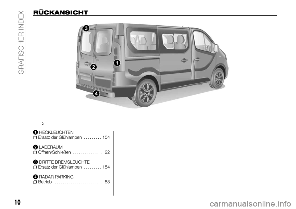 FIAT TALENTO 2018  Betriebsanleitung (in German) RÜCKANSICHT
HECKLEUCHTENErsatz der Glühlampen......... 154
LADERAUMÖffnen/Schließen................ 22
DRITTE BREMSLEUCHTEErsatz der Glühlampen......... 154
RADAR PARKINGBetrieb..................