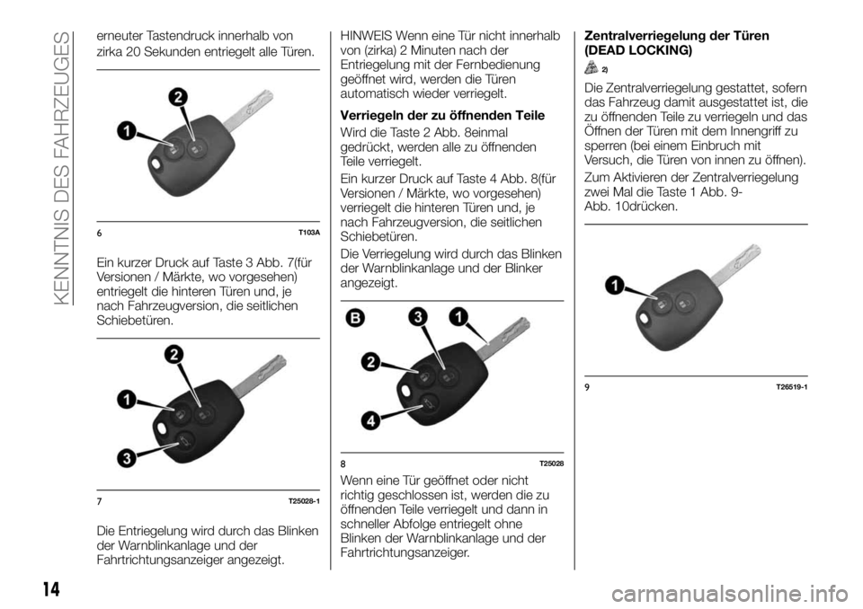 FIAT TALENTO 2018 Betriebsanleitung (in German) erneuter Tastendruck innerhalb von
zirka 20 Sekunden entriegelt alle Türen.
Ein kurzer Druck auf Taste 3 Abb. 7(für
Versionen / Märkte, wo vorgesehen)
entriegelt die hinteren Türen und, je
nach Fa FIAT TALENTO 2018 Betriebsanleitung (in German) erneuter Tastendruck innerhalb von
zirka 20 Sekunden entriegelt alle Türen.
Ein kurzer Druck auf Taste 3 Abb. 7(für
Versionen / Märkte, wo vorgesehen)
entriegelt die hinteren Türen und, je
nach Fa