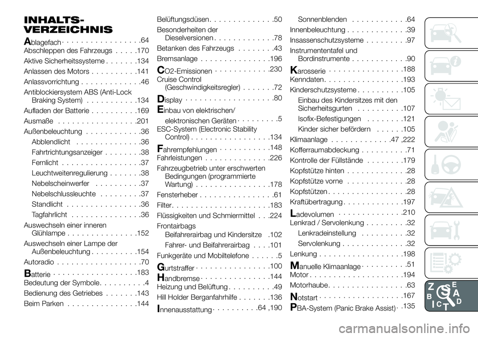 FIAT TALENTO 2018 Betriebsanleitung (in German) INHALTS-
VERZEICHNIS
Ablagefach.................64
Abschleppen des Fahrzeugs.....170
Aktive Sicherheitssysteme.......134
Anlassen des Motors..........141
Anlassvorrichtung.............46
Antiblockiers FIAT TALENTO 2018 Betriebsanleitung (in German) INHALTS-
VERZEICHNIS
Ablagefach.................64
Abschleppen des Fahrzeugs.....170
Aktive Sicherheitssysteme.......134
Anlassen des Motors..........141
Anlassvorrichtung.............46
Antiblockiers