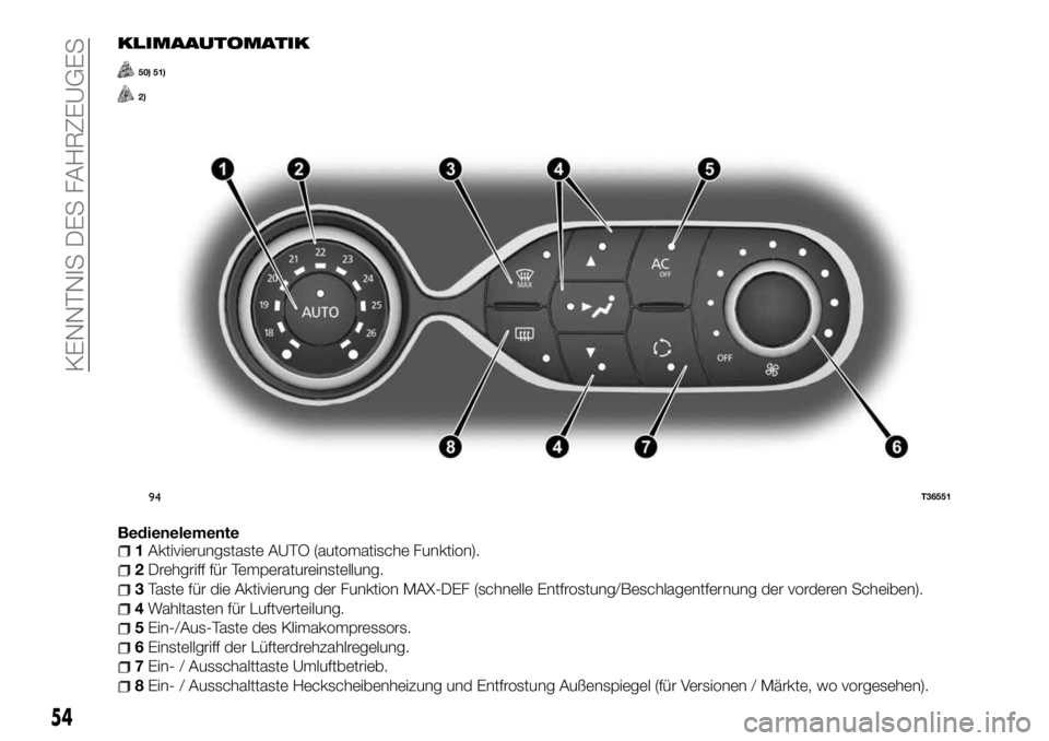 FIAT TALENTO 2018  Betriebsanleitung (in German) KLIMAAUTOMATIK
50) 51)
2)
Bedienelemente1Aktivierungstaste AUTO (automatische Funktion).
2Drehgriff für Temperatureinstellung.
3Taste für die Aktivierung der Funktion MAX-DEF (schnelle Entfrostung/B