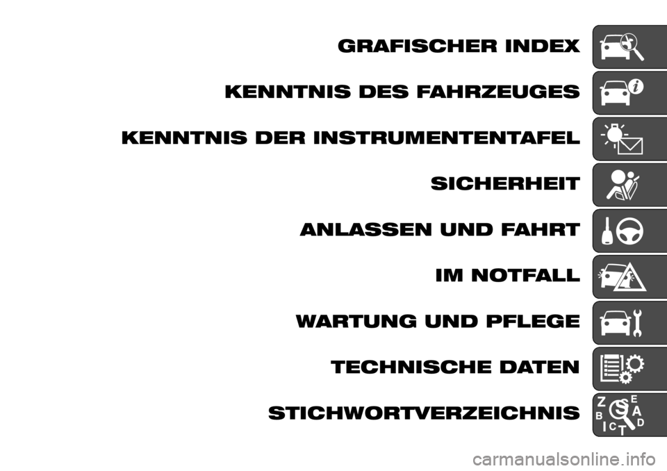 FIAT TALENTO 2018 Betriebsanleitung (in German) GRAFISCHER INDEX
KENNTNIS DES FAHRZEUGES
KENNTNIS DER INSTRUMENTENTAFEL
SICHERHEIT
ANLASSEN UND FAHRT
IM NOTFALL
WARTUNG UND PFLEGE
TECHNISCHE DATEN
STICHWORTVERZEICHNIS FIAT TALENTO 2018 Betriebsanleitung (in German) GRAFISCHER INDEX
KENNTNIS DES FAHRZEUGES
KENNTNIS DER INSTRUMENTENTAFEL
SICHERHEIT
ANLASSEN UND FAHRT
IM NOTFALL
WARTUNG UND PFLEGE
TECHNISCHE DATEN
STICHWORTVERZEICHNIS