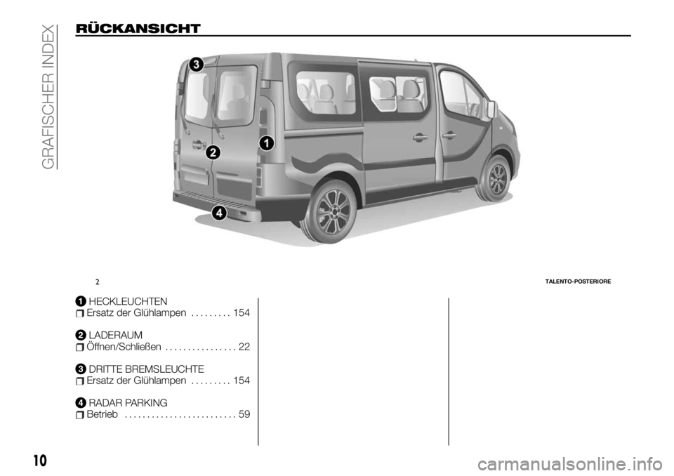 FIAT TALENTO 2020  Betriebsanleitung (in German) RÜCKANSICHT
HECKLEUCHTENErsatz der Glühlampen......... 154
LADERAUMÖffnen/Schließen................ 22
DRITTE BREMSLEUCHTEErsatz der Glühlampen......... 154
RADAR PARKINGBetrieb..................